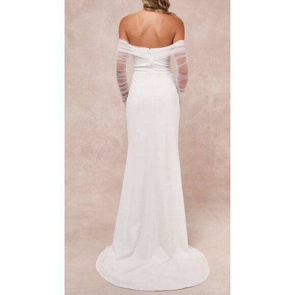 Lulus Beautifully Beloved White Mesh Off-the-Shoulder Dress with Train Sz Med - Picture 2 of 16